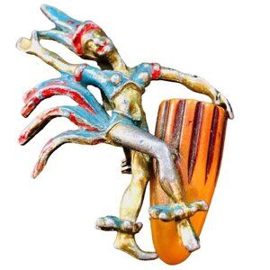 Amazing RARE Vintage Carved Bakelite Figural Playing Drum Brooch Pin